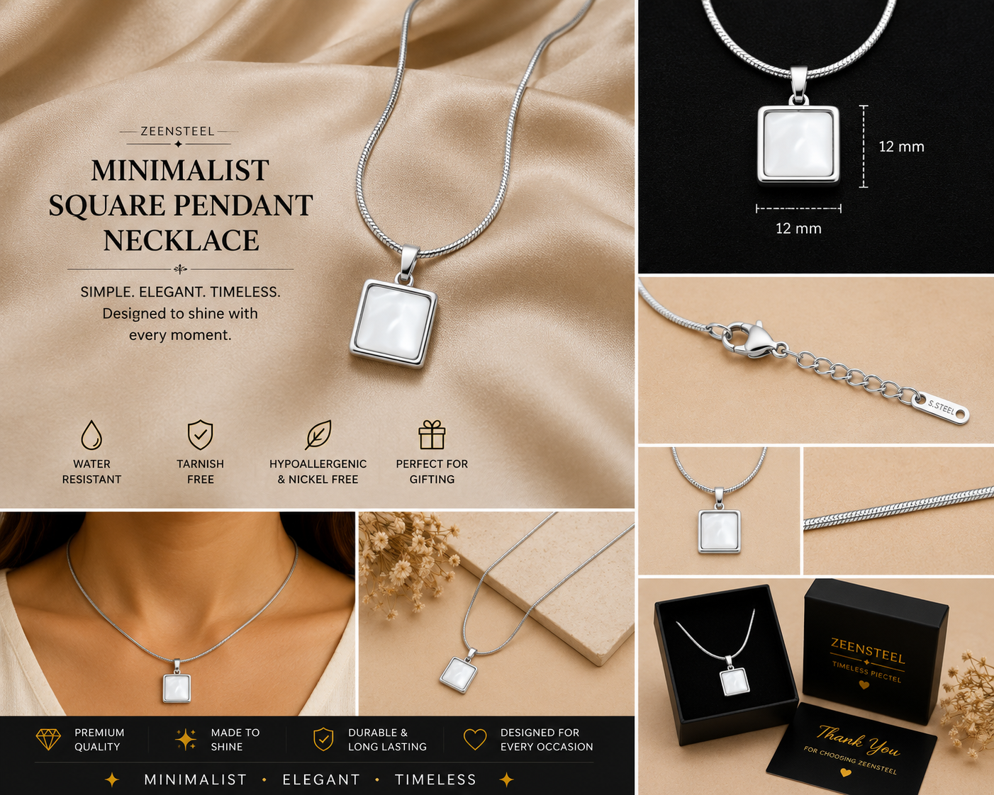 Minimalist Silver Square Pendant Necklace