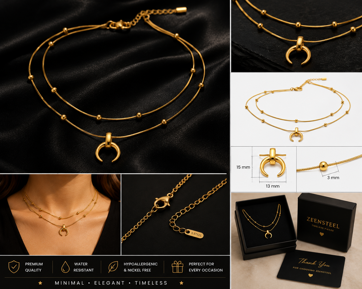 Minimalist Double Layer Gold Crescent Pendant Necklace