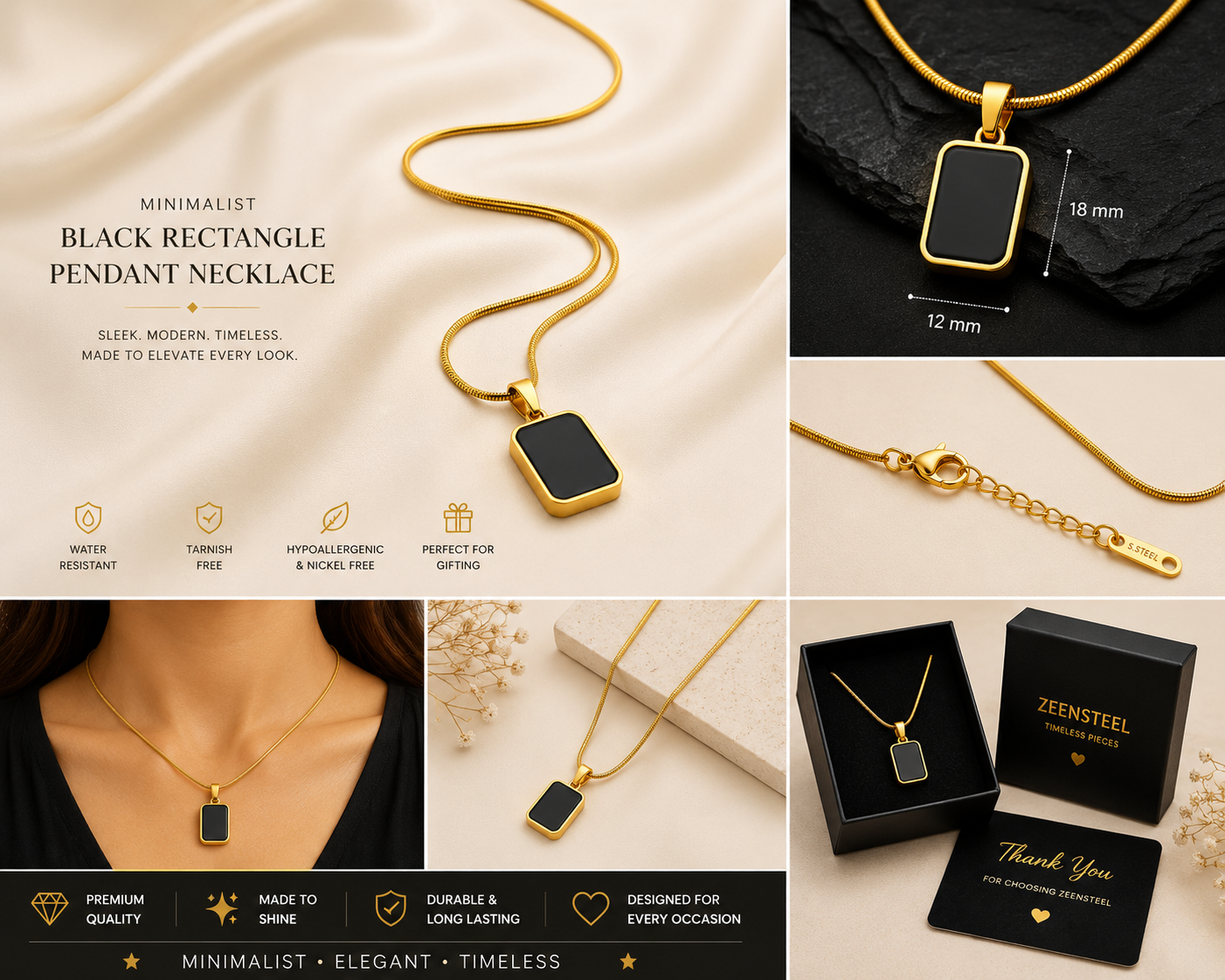 Minimalist Black Rectangle Pendant Necklace – Gold Stainless Steel