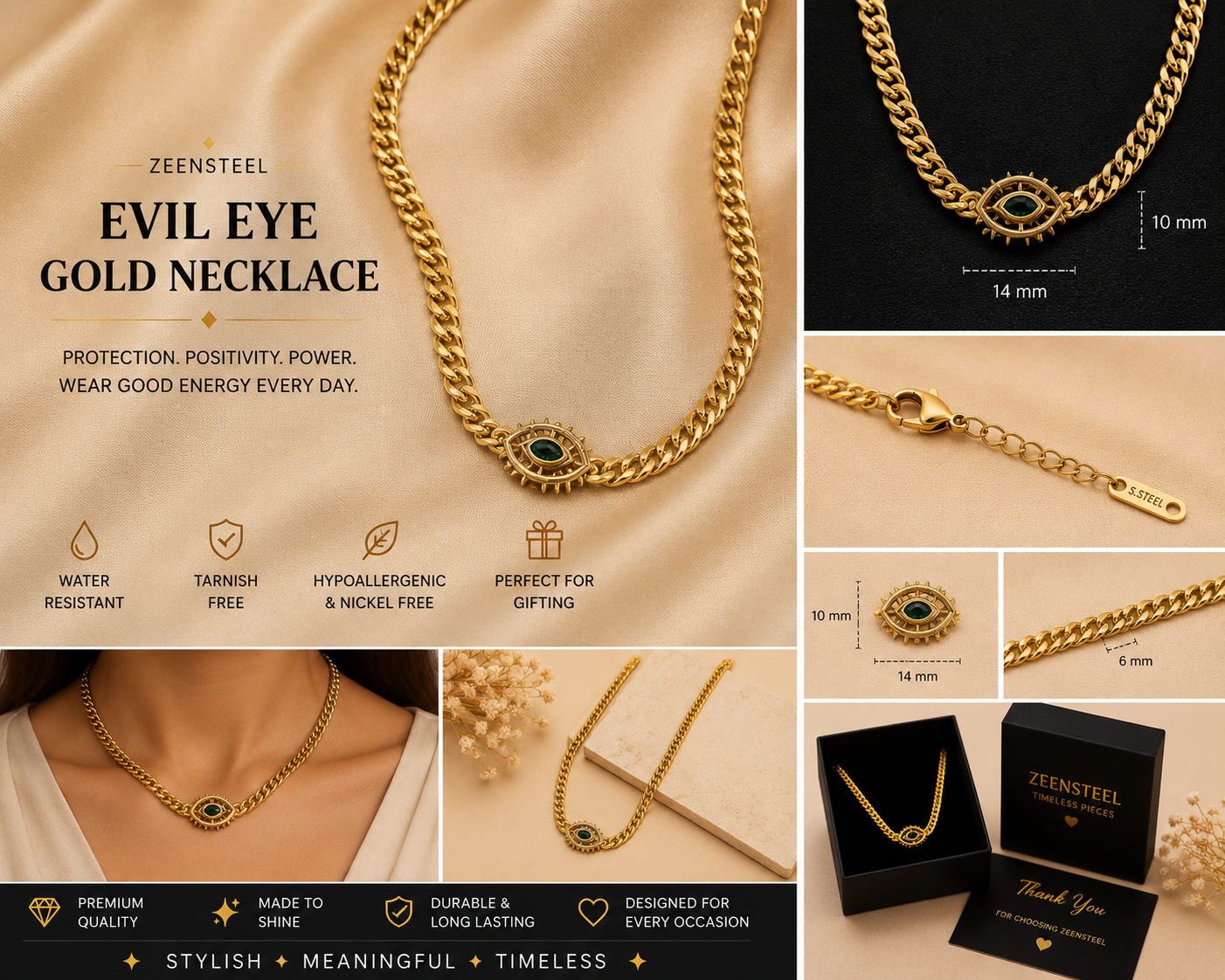 Luxury Gold Link Necklace with Emerald Eye Charm