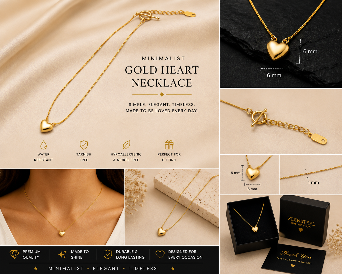 Minimalist Gold Heart Necklace – Stainless Steel Pendant