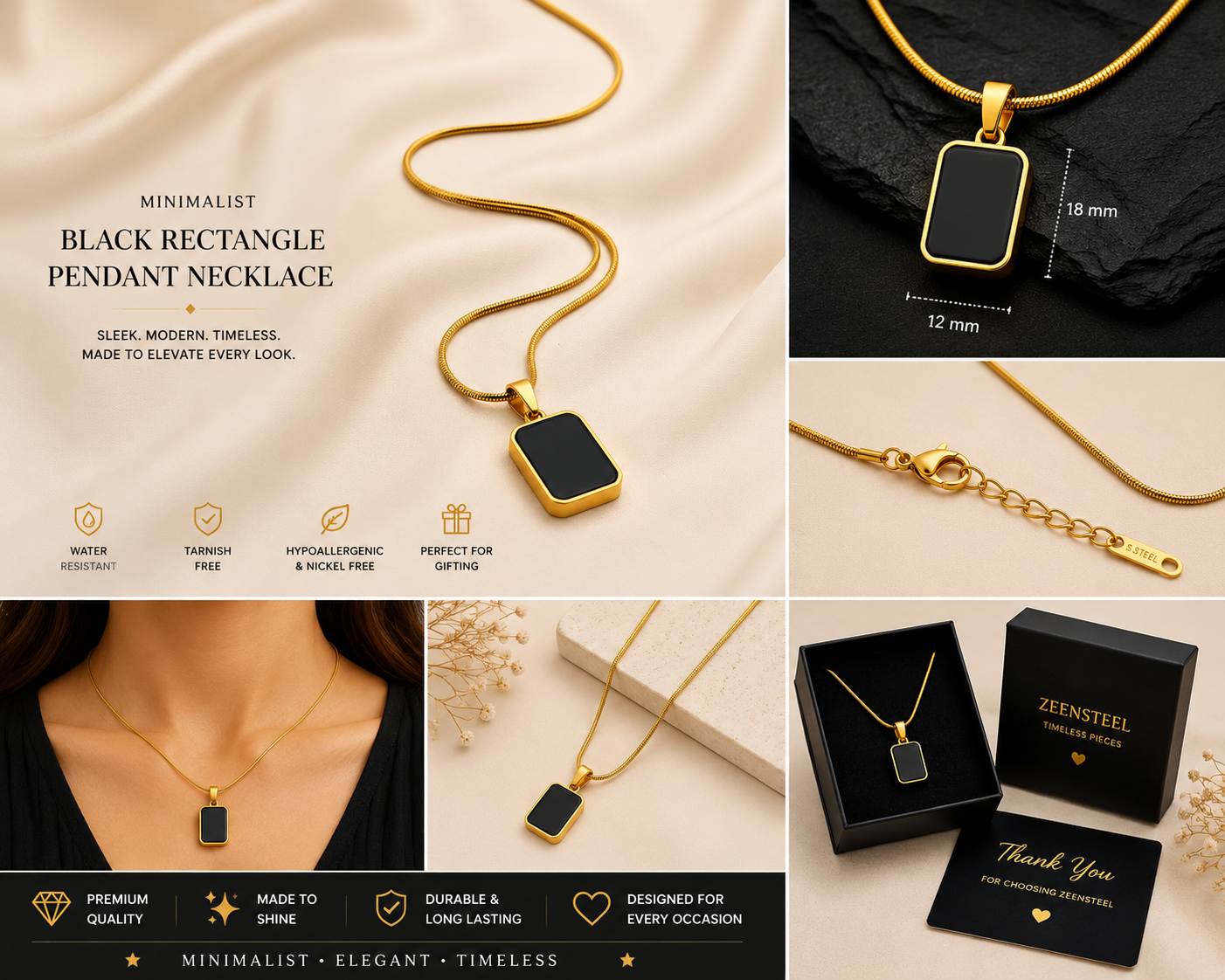 Minimalist Black Rectangle Pendant Necklace