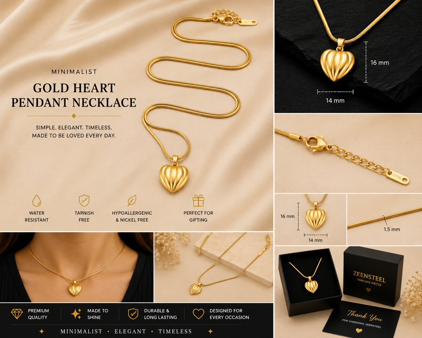 Minimalist Gold Heart Pendant Necklace – Stainless Steel | Waterproof & Tarnish Resistant