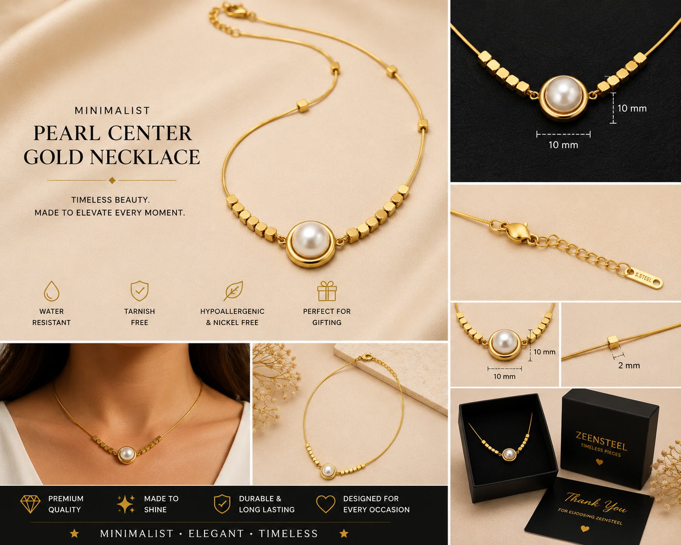 Zeensteel Pearl Halo Gold Necklace – Minimalist Stainless Steel Pendant