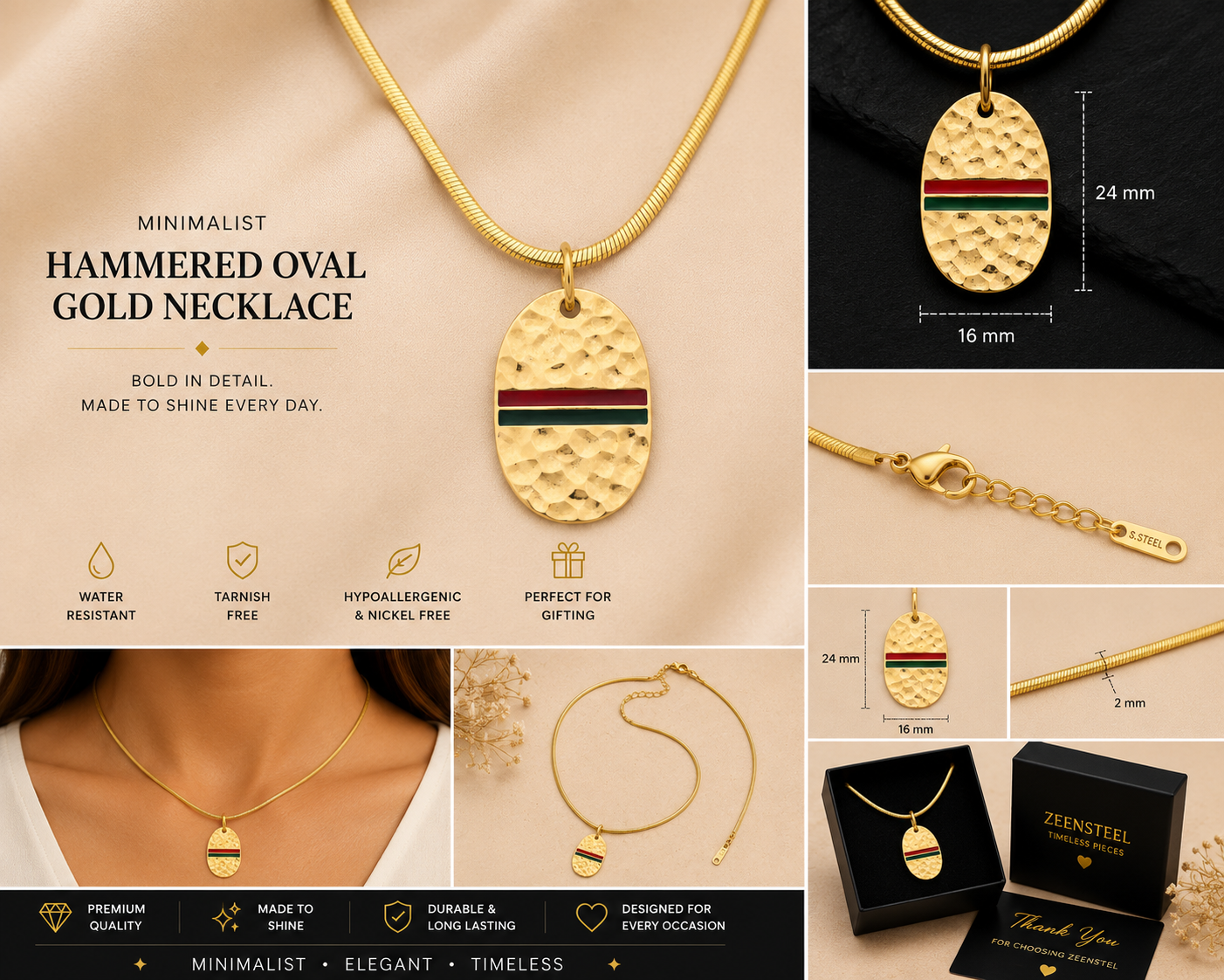 Zeensteel Hammered Oval Gold Pendant Necklace – Minimalist Stainless Steel Jewelry