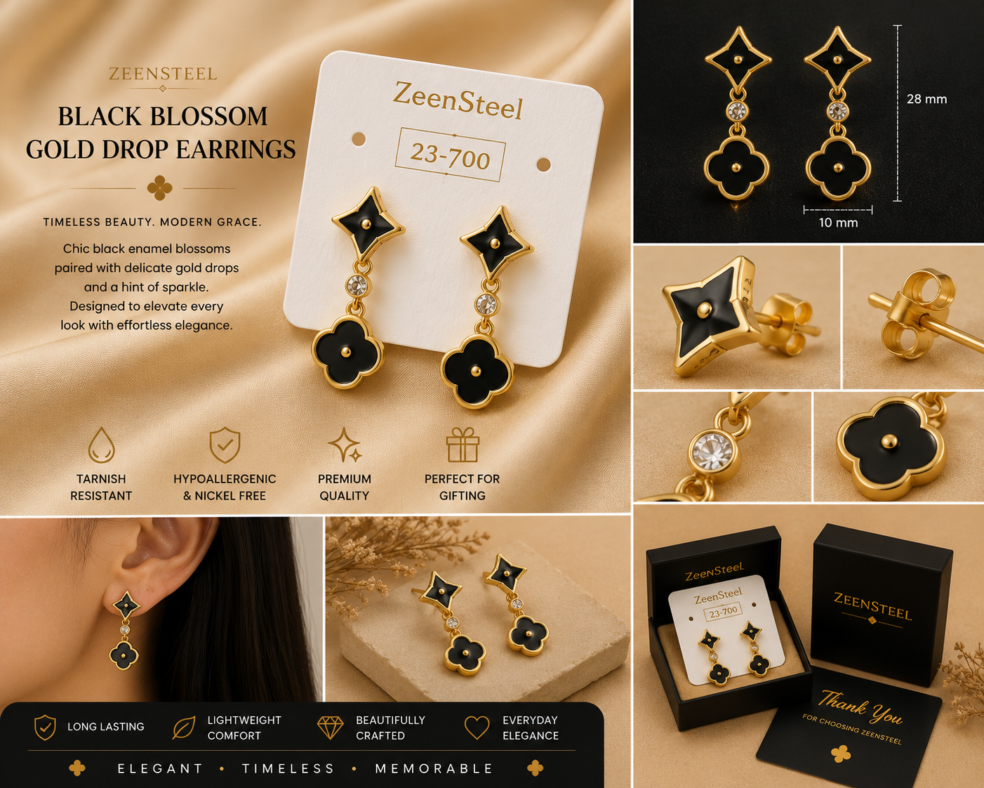 Black Blossom Gold Drop Earing