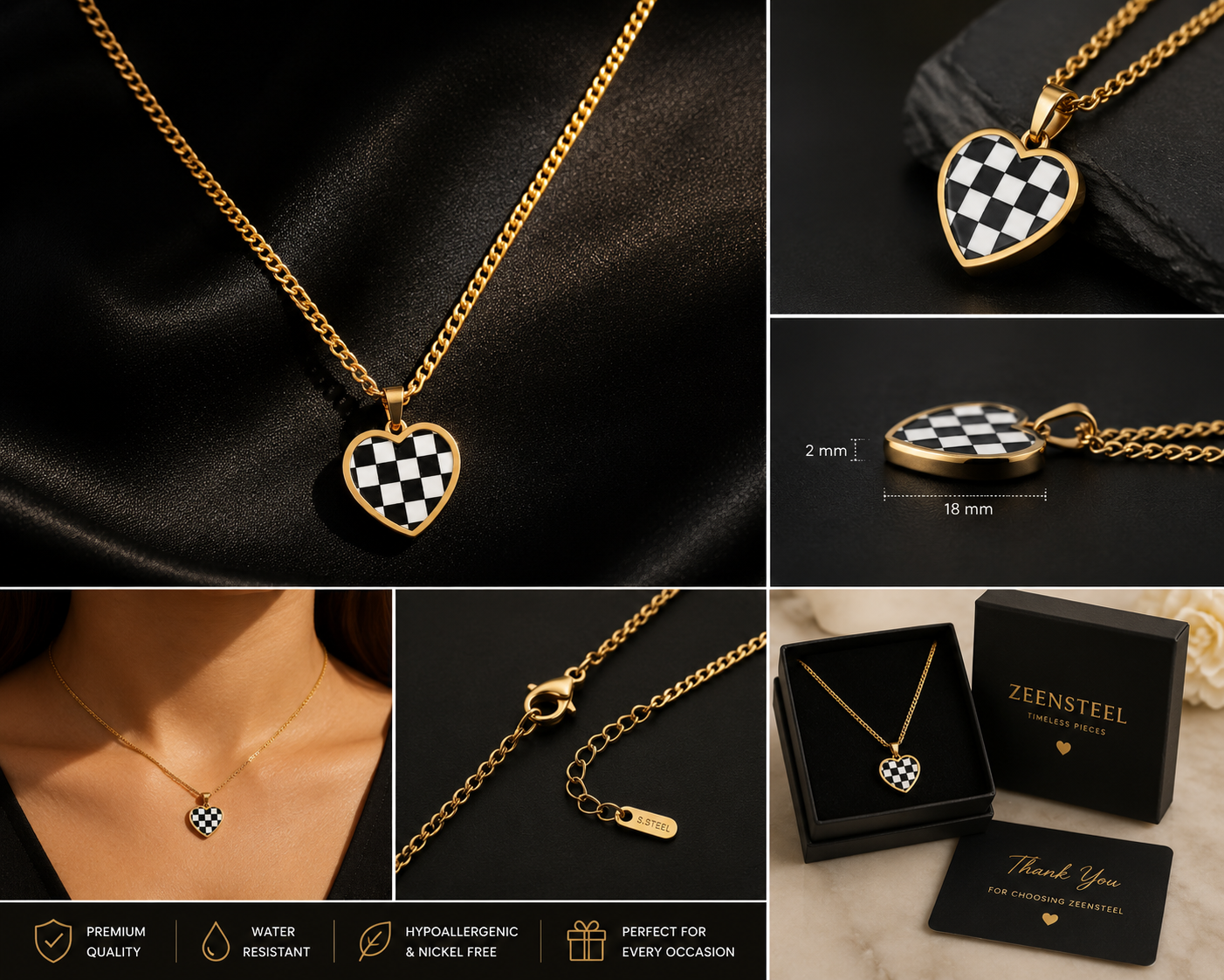 Checker Heart Gold Pendant Necklace
