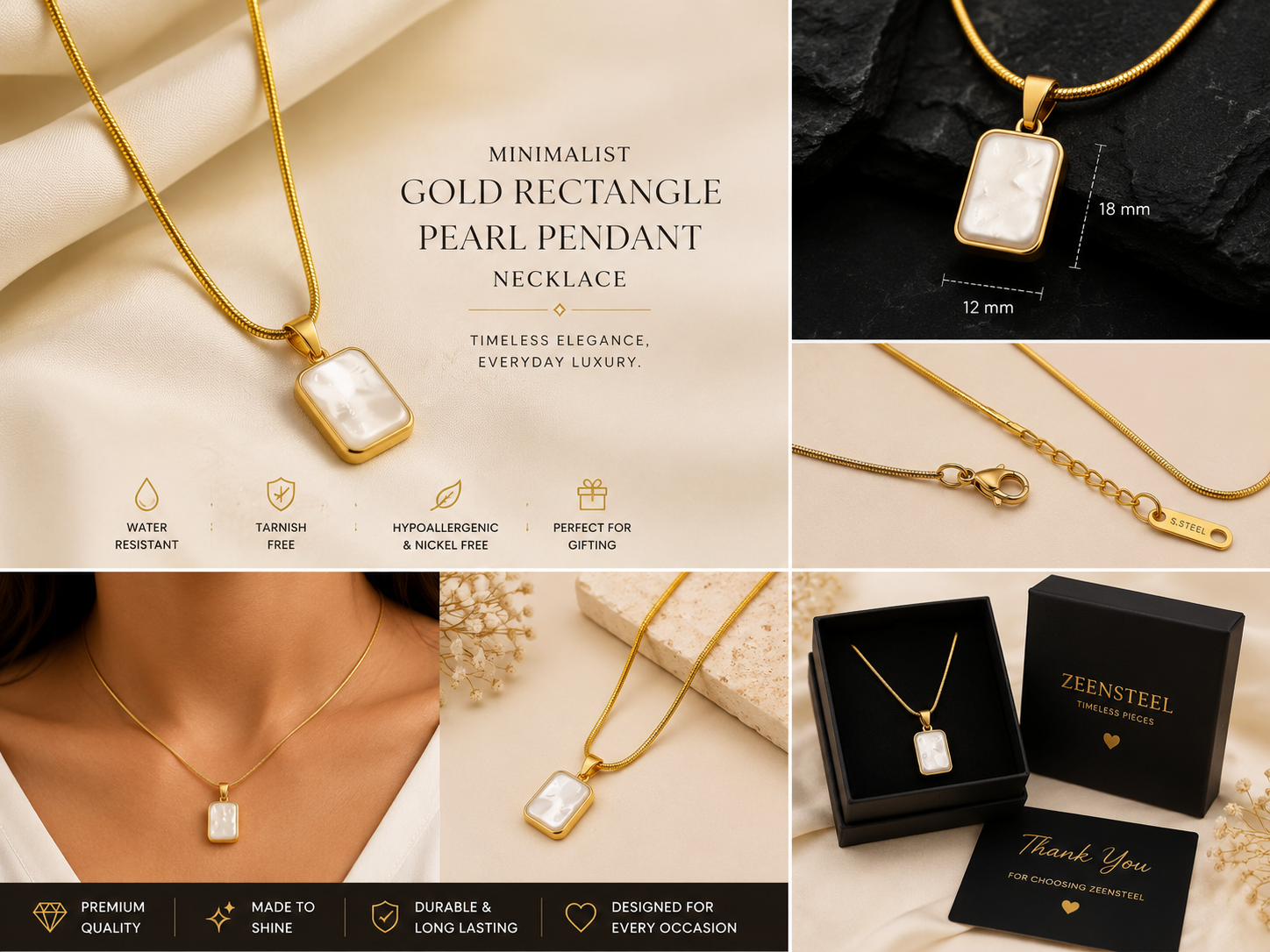 Minimalist Gold Rectangle Pearl Pendant Necklace